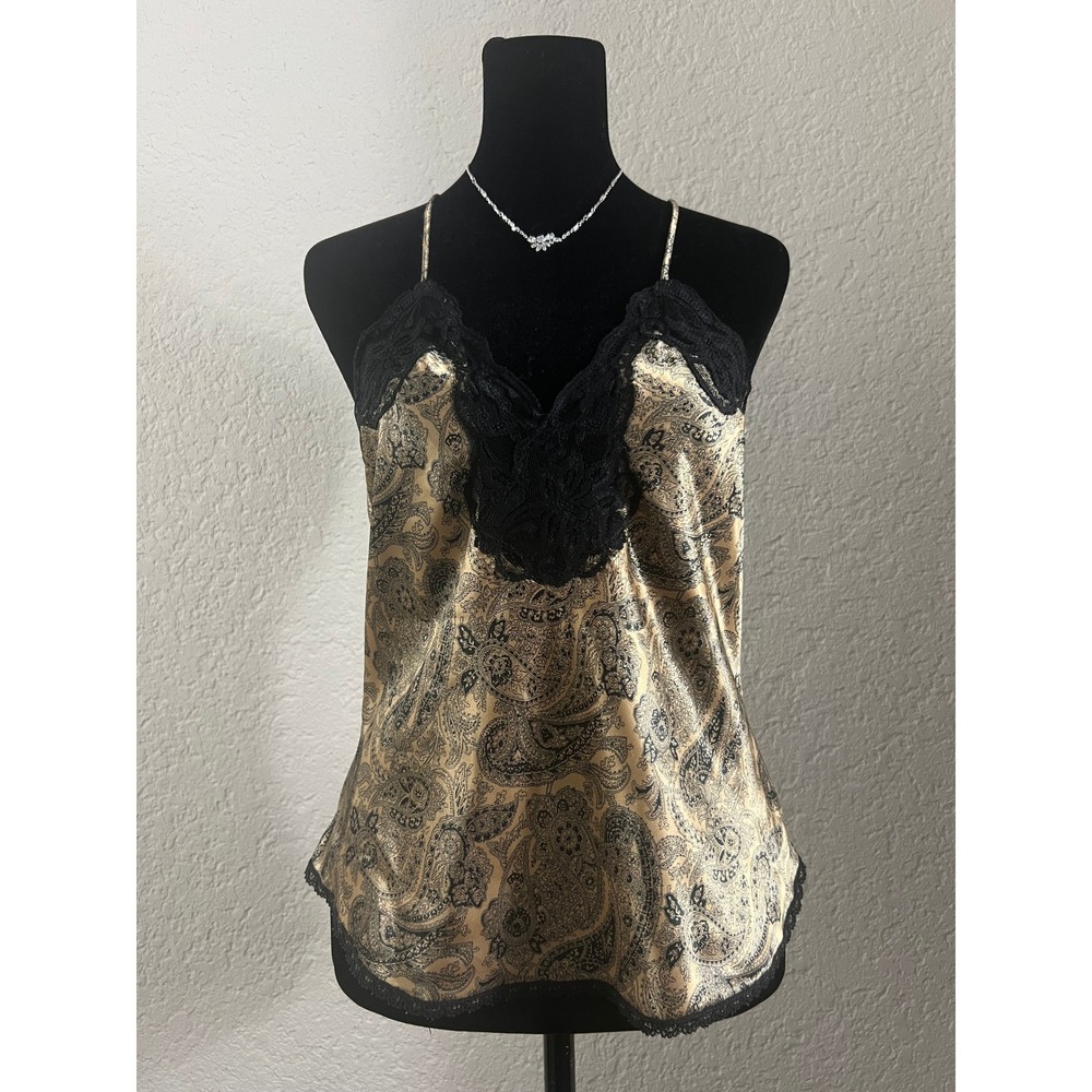 Vintage Y2K Gold Black Paisley Satin Camisole Lace Trim Lingerie Tank Top